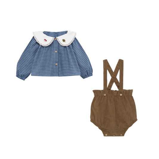 Birinit Indigo/Khaki Gingham Embroidered Bloomer Set