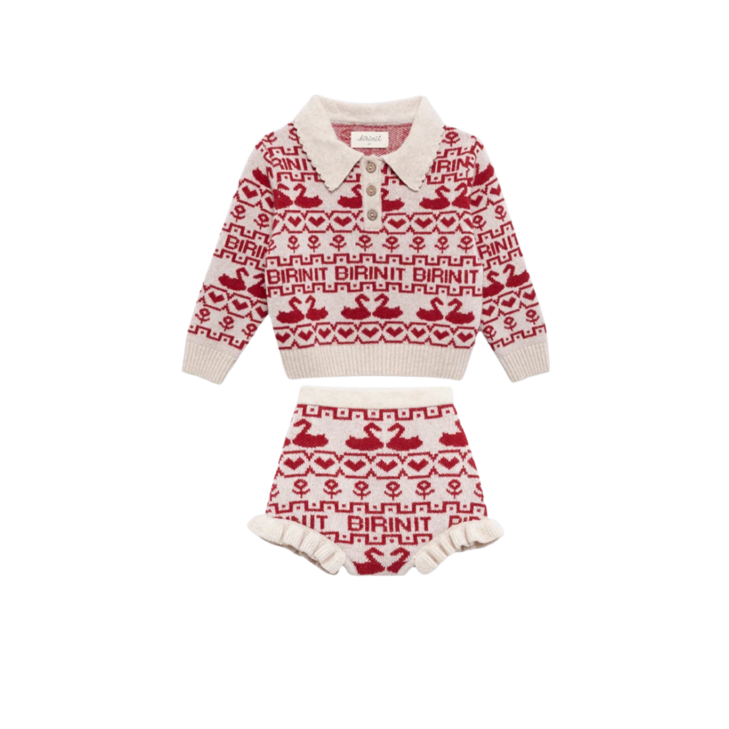 Birinit Cream/Burgundy Cherry Ducks Knit Bloomer Set