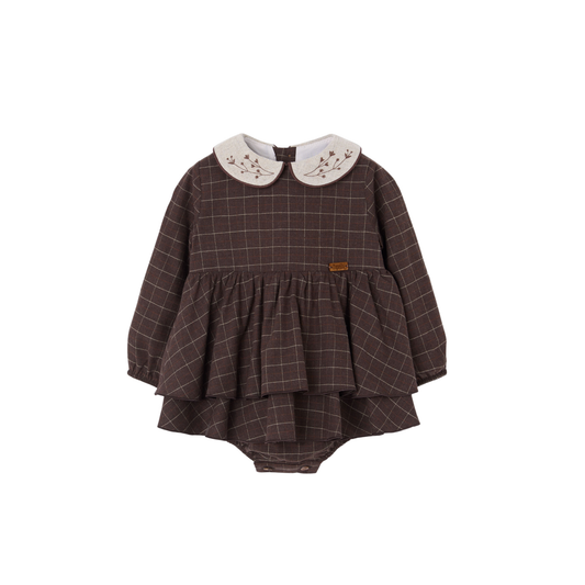 Popelin Brown Embroidered Double Layer Romper