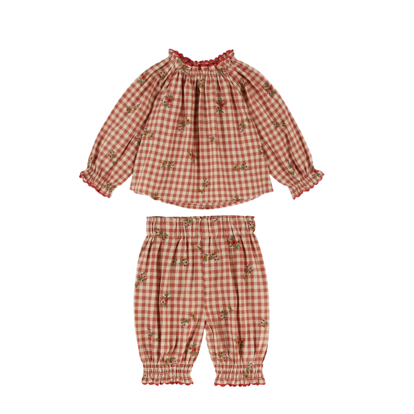 Emile Et Ida Rust Red Gingham Floral Pants Set