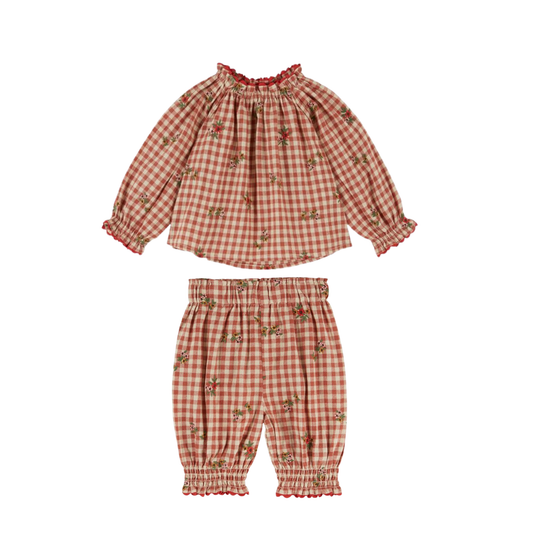 Emile Et Ida Rust Red Gingham Floral Pants Set