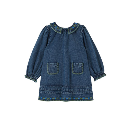 Emile Et Ida Blue Denim Embroidered Long Sleeve Dress
