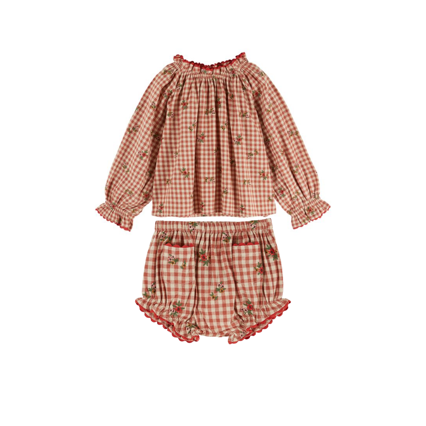 Emile Et Ida Rust Red Gingham Floral Bloomer Set