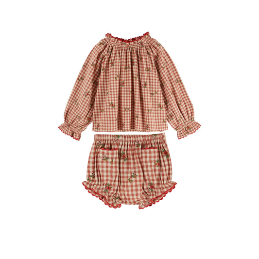 Emile Et Ida Rust Red Gingham Floral Bloomer Set