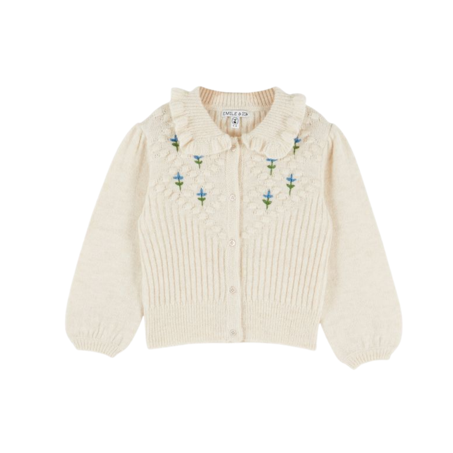 Emile Et Ida Soft Cream Printed Embroidered Knit Long Sleeve Cardigan