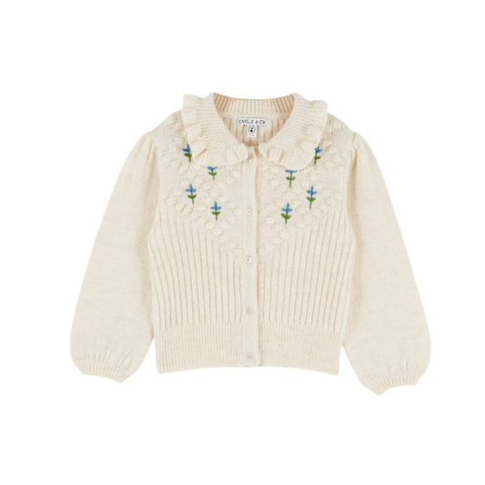 Emile Et Ida Soft Cream Printed Embroidered Knit Long Sleeve Cardigan