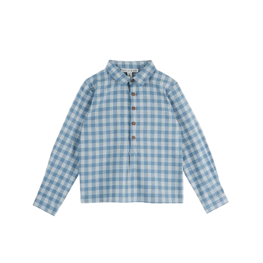 Emile Et Ida Sky Blue Checked Button-Up Long Sleeve Shirt