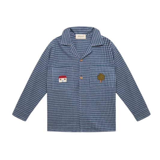 Birinit Indigo Gingham Peter Pan Collar Long Sleeve Shirt