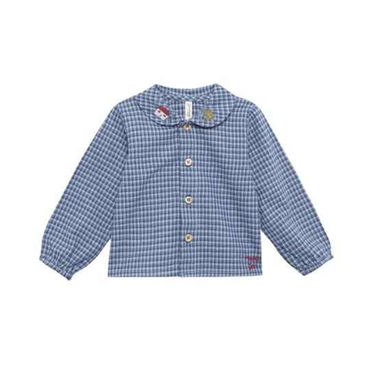 Birinit Indigo Gingham Peter Pan Collar Long Sleeve Shirt