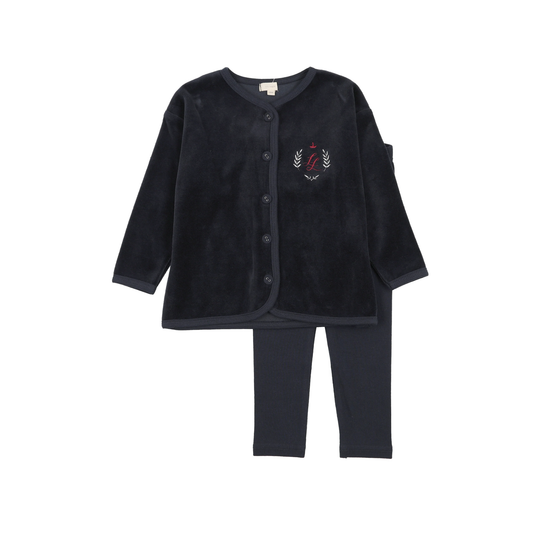 Lil Legs Navy Velour Crest Lounge Set