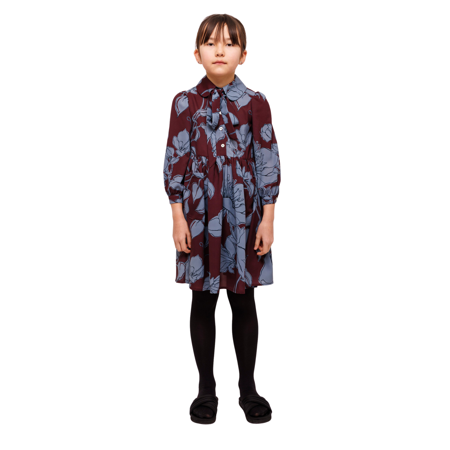 Olivia Rohde Sky Blue/Brown Flower Printed Long Sleeve Dress