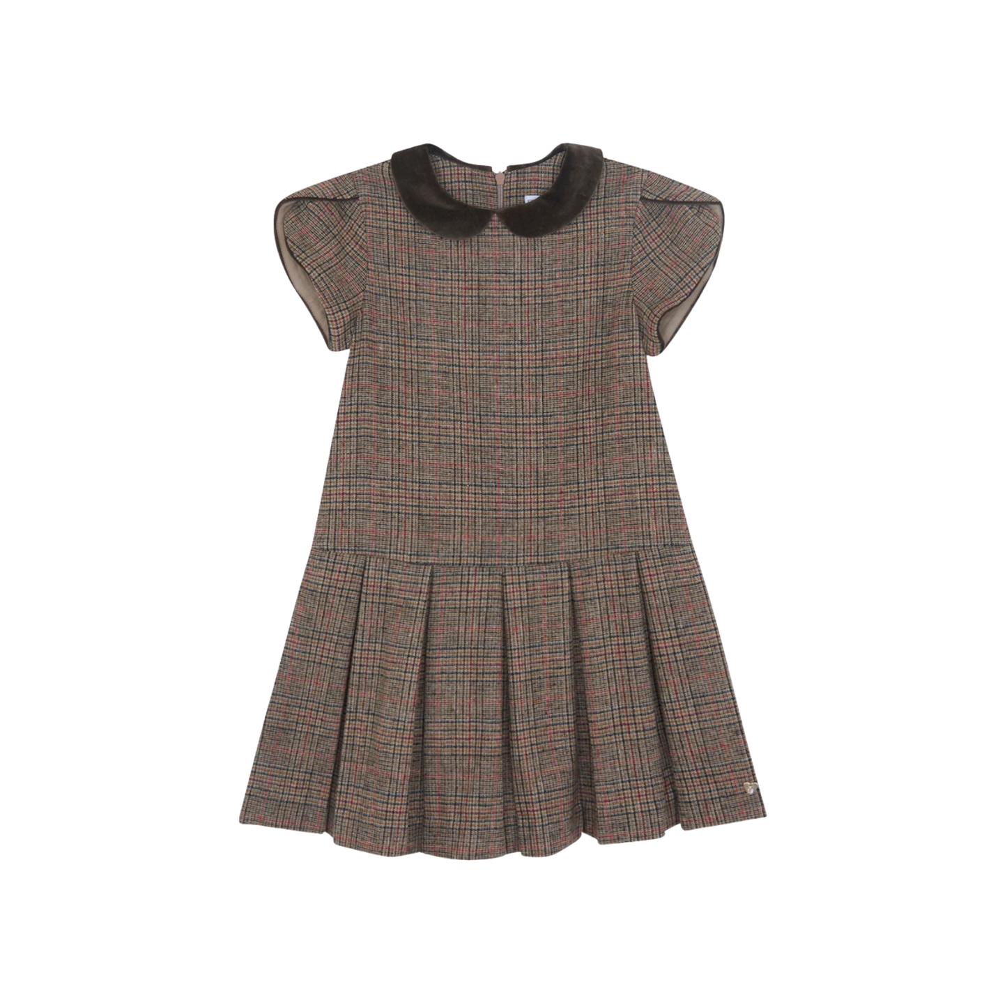 Tartine Et Chocolat Brown Plaid Pleated Short Sleeve Dress