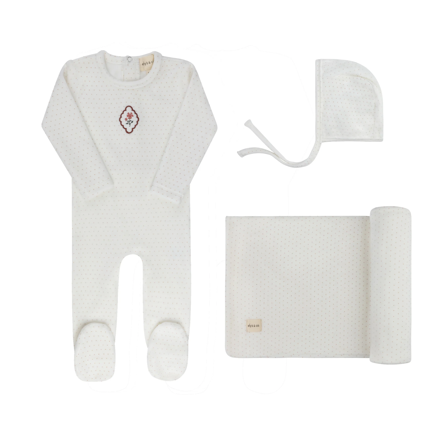 Ely's & Co Ivory Pink Embroidered Floral Dot Layette Set