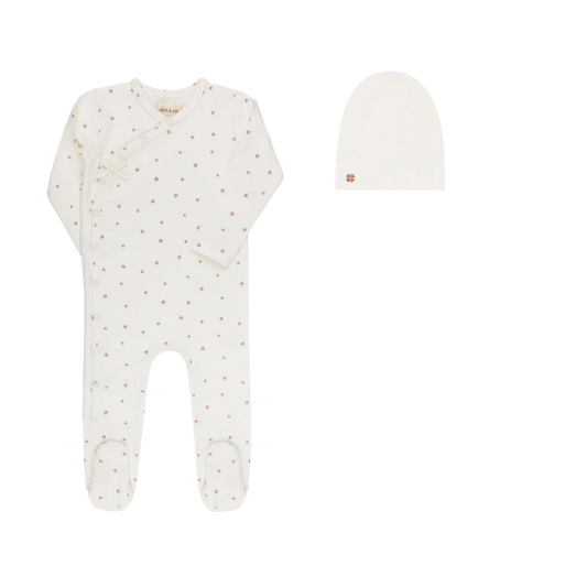 Ely's & Co Ivory Pink Clover Print Footie With Beanie