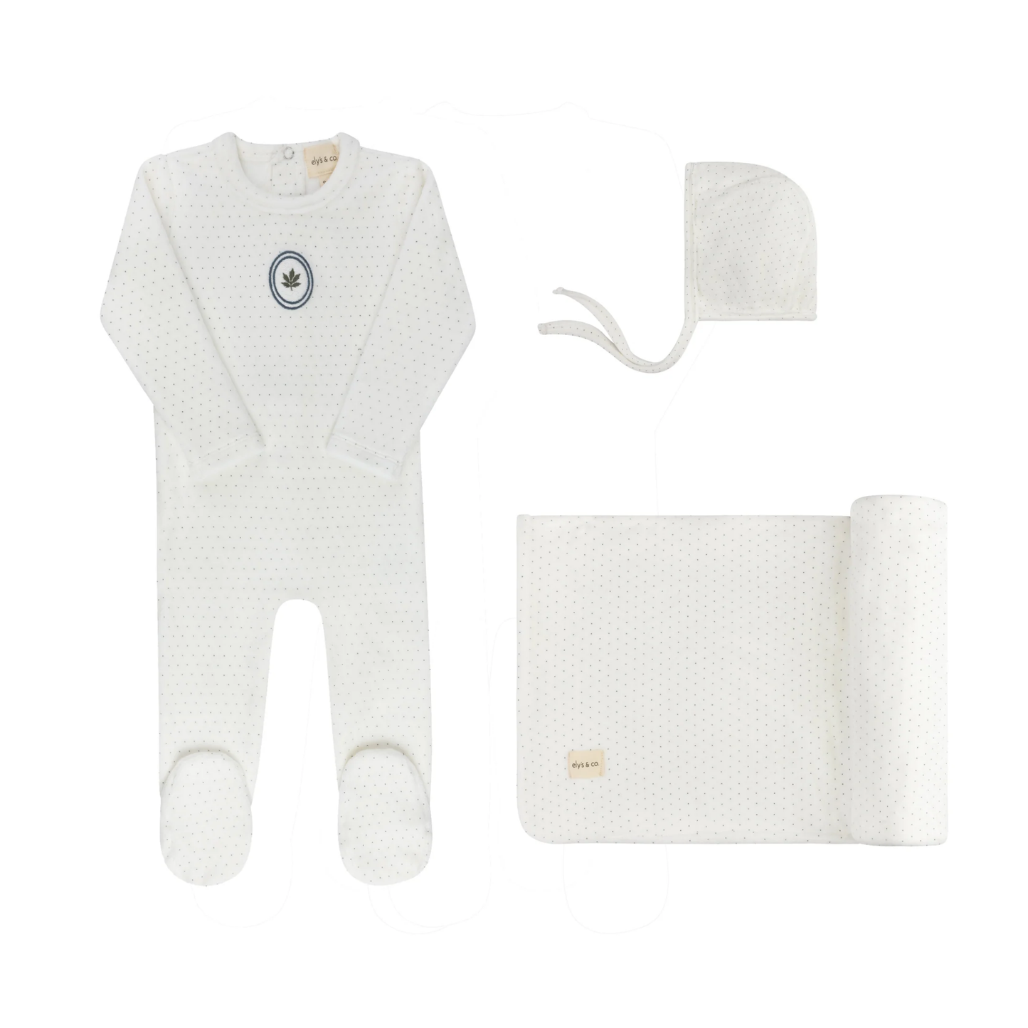 Ely's & Co Ivory Blue Embroidered Floral Dot Layette Set
