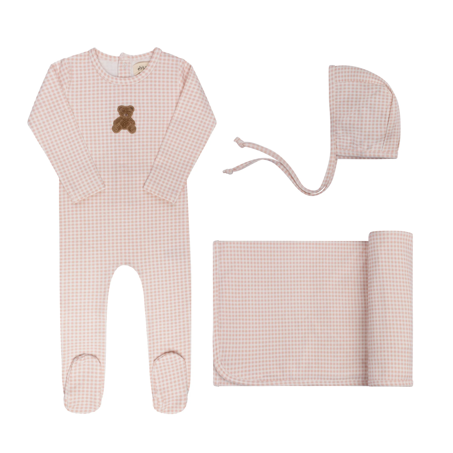 Ely's & Co Pink Gingham Teddy Layette Set