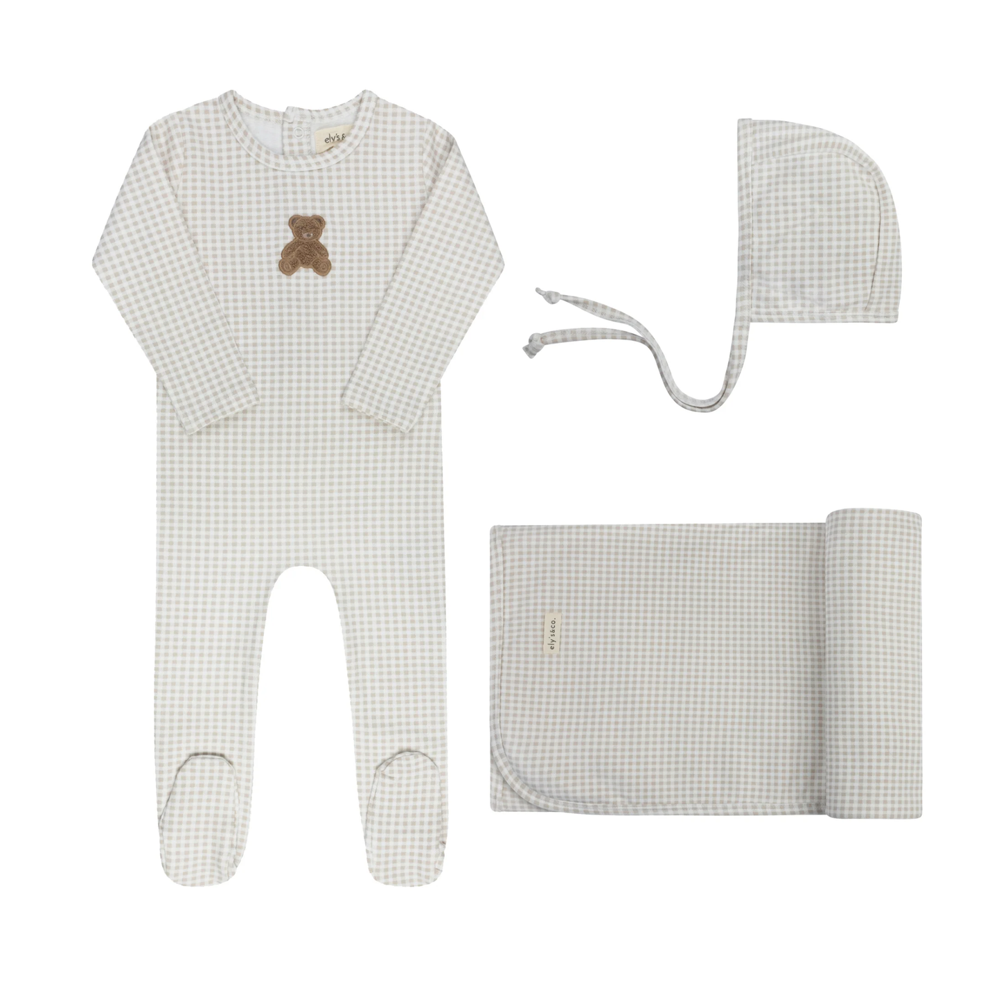 Ely's & Co Tan Gingham Teddy Layette Set