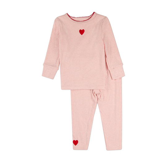MiniMoi Blush Pink Heart Embroidered Textured 2 Pc Pajama Set