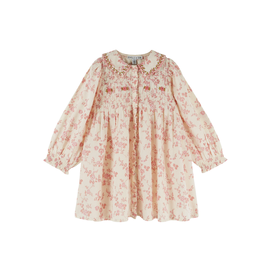 Emile Et Ida Cream Delicate Smocked Long Sleeve Dress