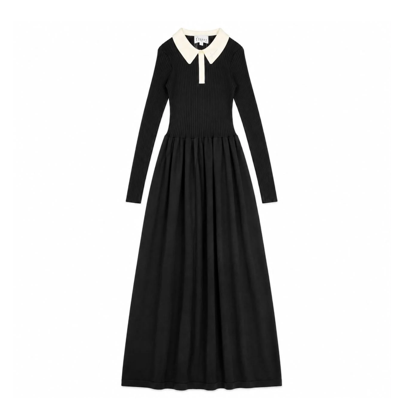 Froo Black Knit Collar Maxi Long Sleeve Dress