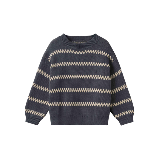 Wheat Grey Blue Jacquard Long Sleeve Sweater