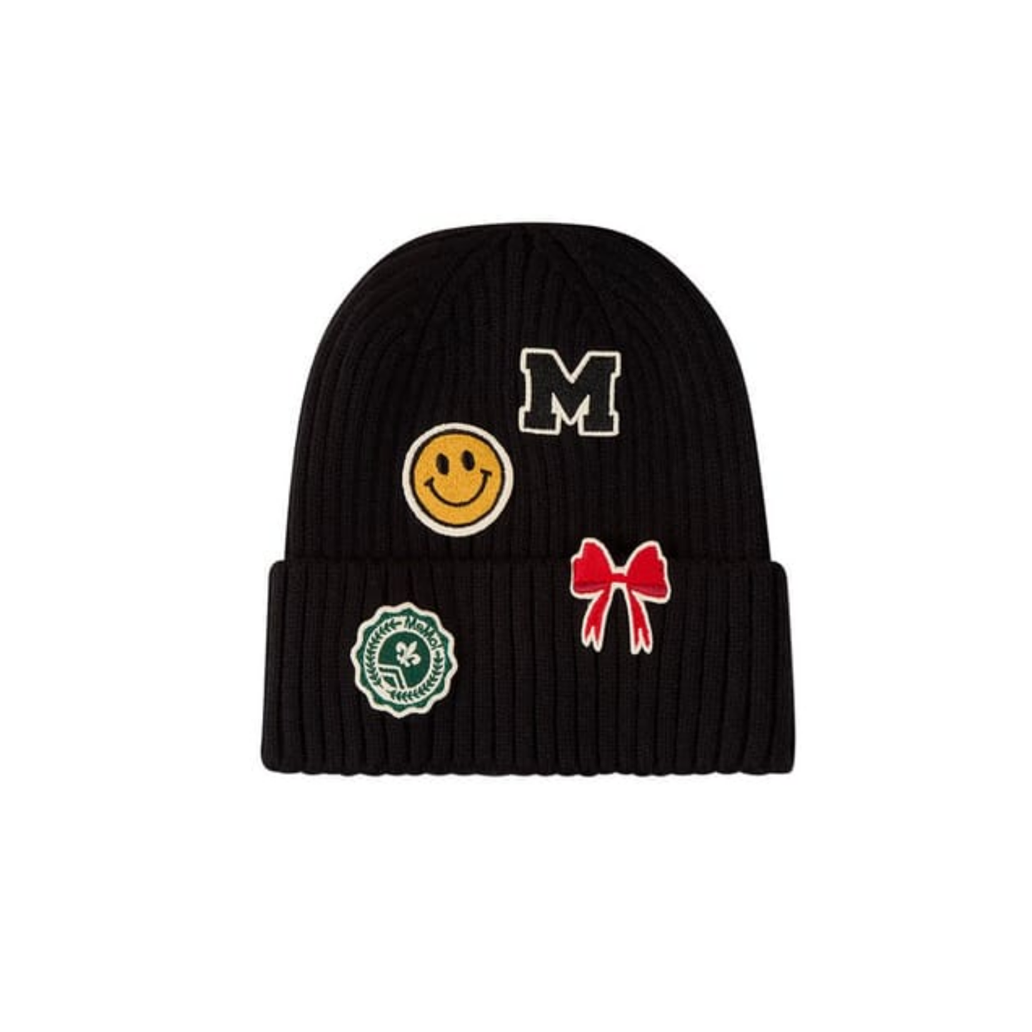 Memoi Black Happy Varsity Knit Cuffed Beanie