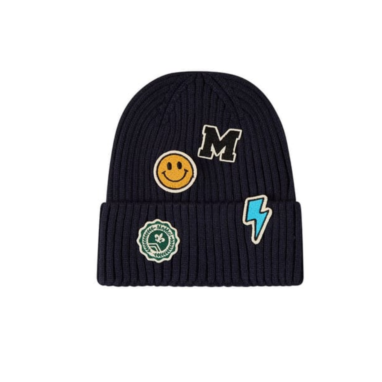 Memoi Navy Happy Varsity Knit Cuffed Beanie