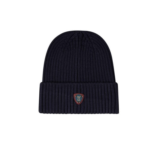 Memoi Navy Teddy Crest Cuffed Beanie