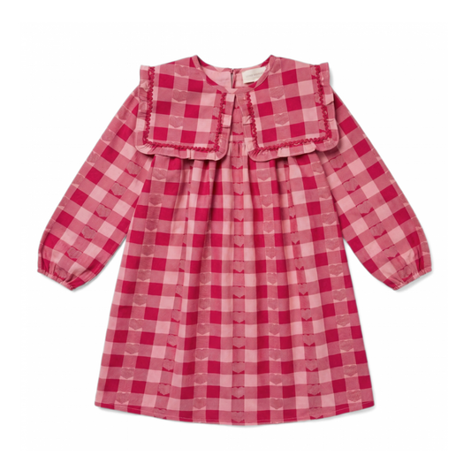 Louis Louise Pink/Burgundy Celicia Twill Check Heart Long Sleeve Dress