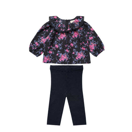 Louis Louise Black Twill Bouquet Collar Leggings Set