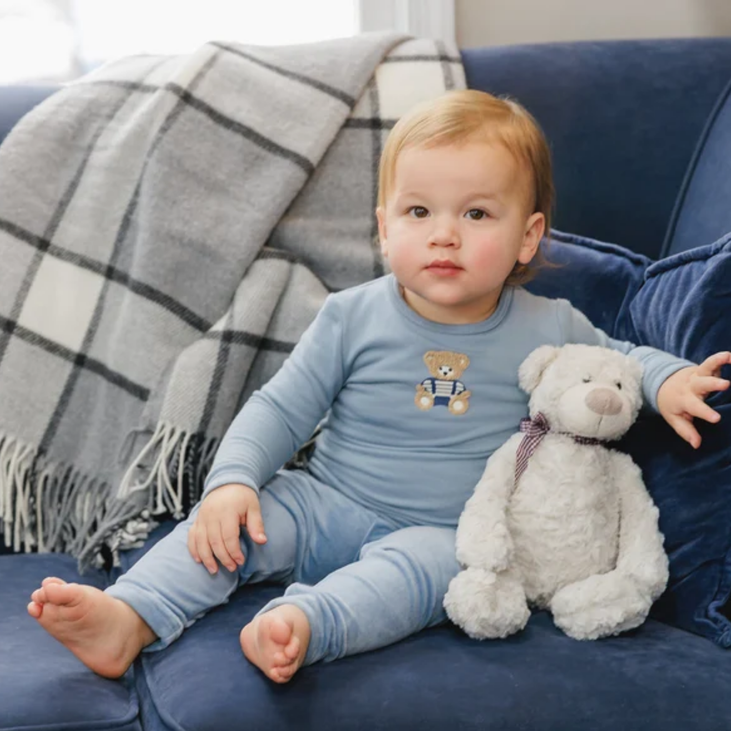 Bonjoy Blue Bear Sherpa Teddy Velour Pajamas