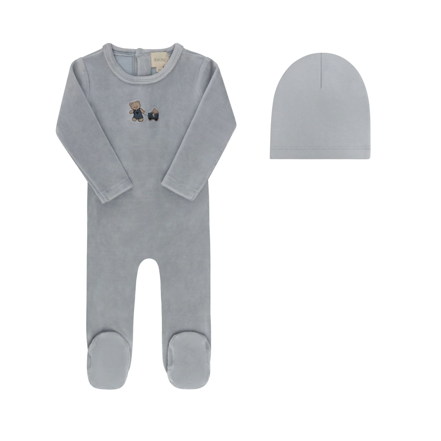 Aurora Blue Embroidered Bear Footie