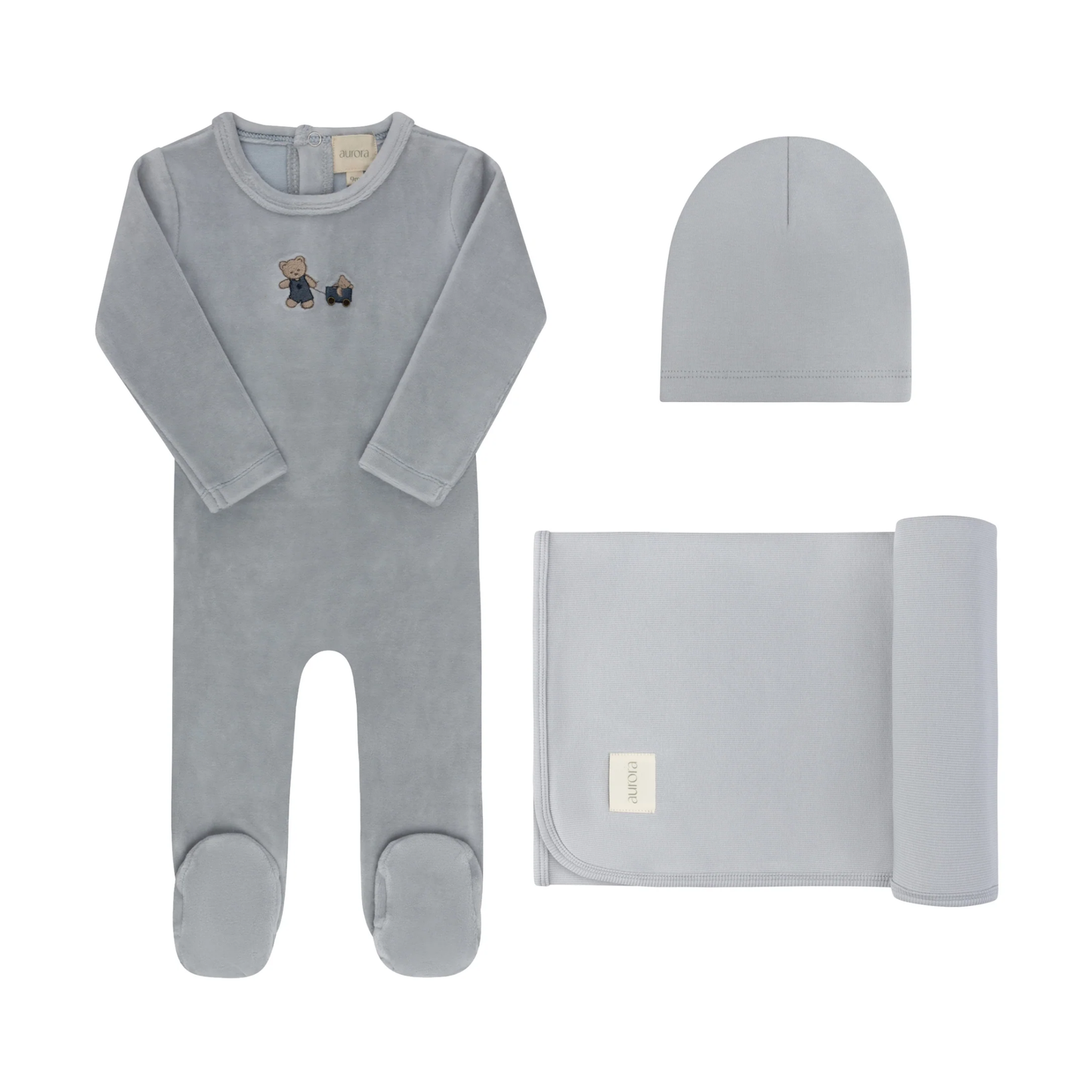 Aurora Blue Embroidered Bear Take Me Home Footie Set