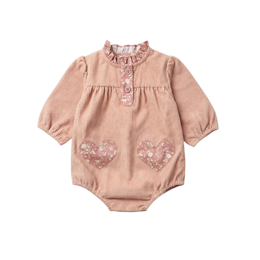 Louis Louise Pink Sylvette Heart  Corduroy Long Sleeve Romper