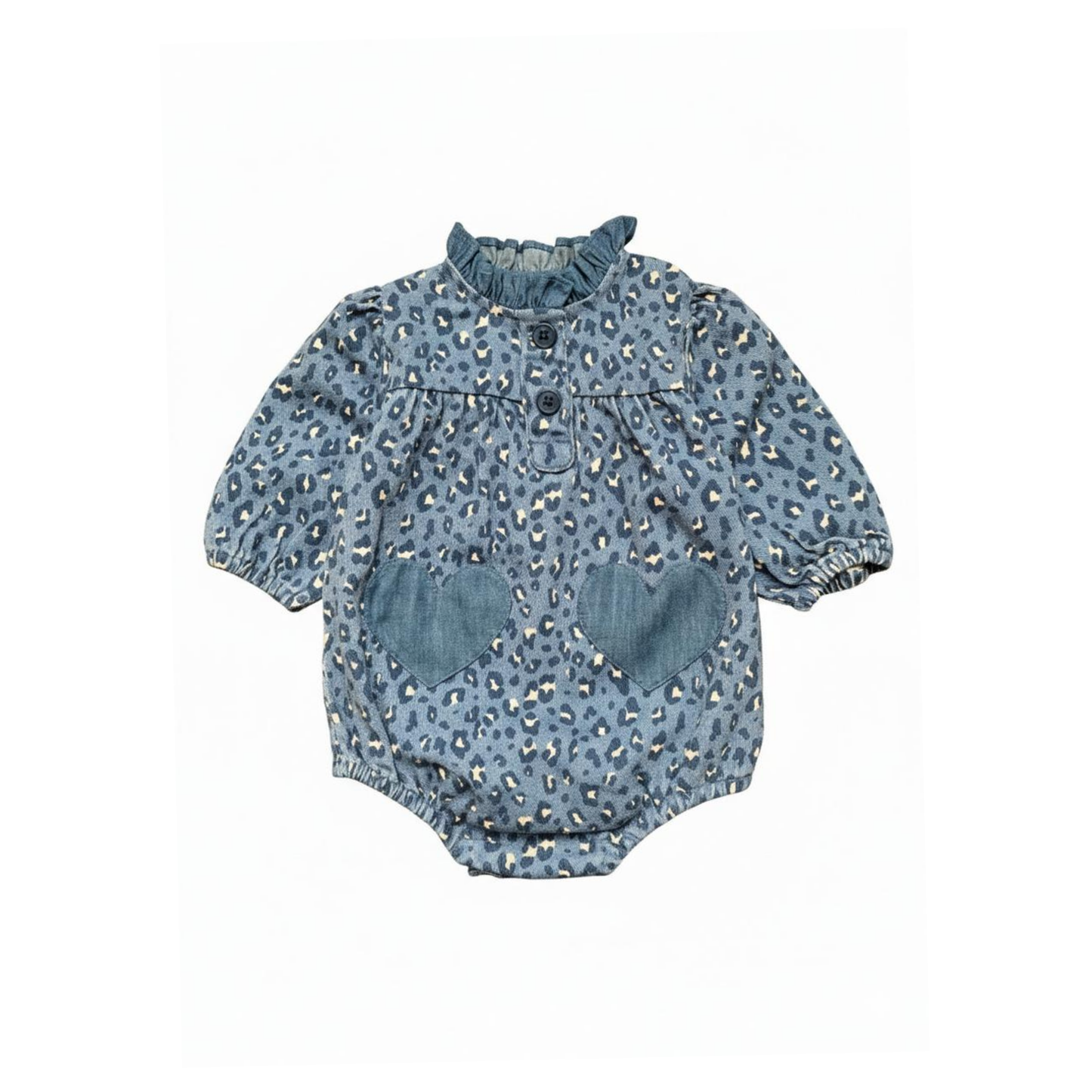 Louis Louise Blue Sylvette Leopard Denim Long Sleeve Romper