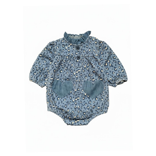 Louis Louise Blue Sylvette Leopard Denim Long Sleeve Romper