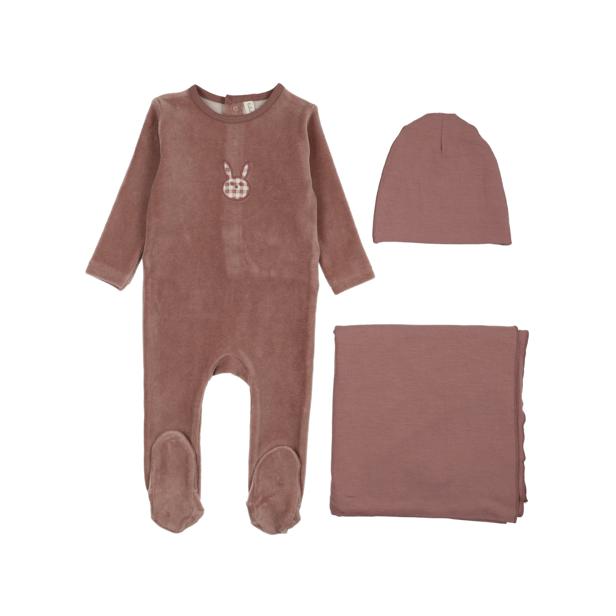 Lilette Mauve Velour Gingham Bunny Layette Set