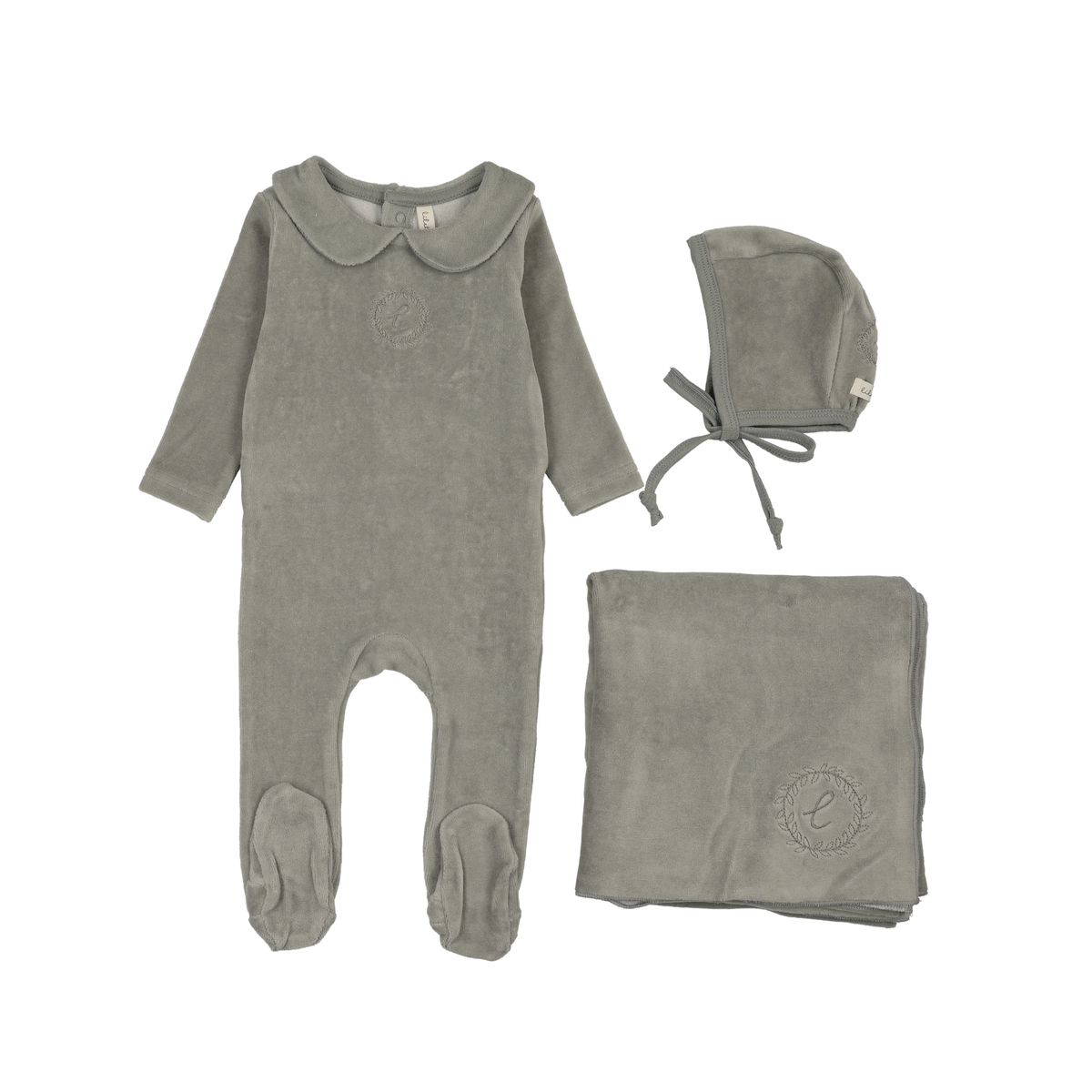Lilette Light Blue Velour Crest Emblem Layette Set
