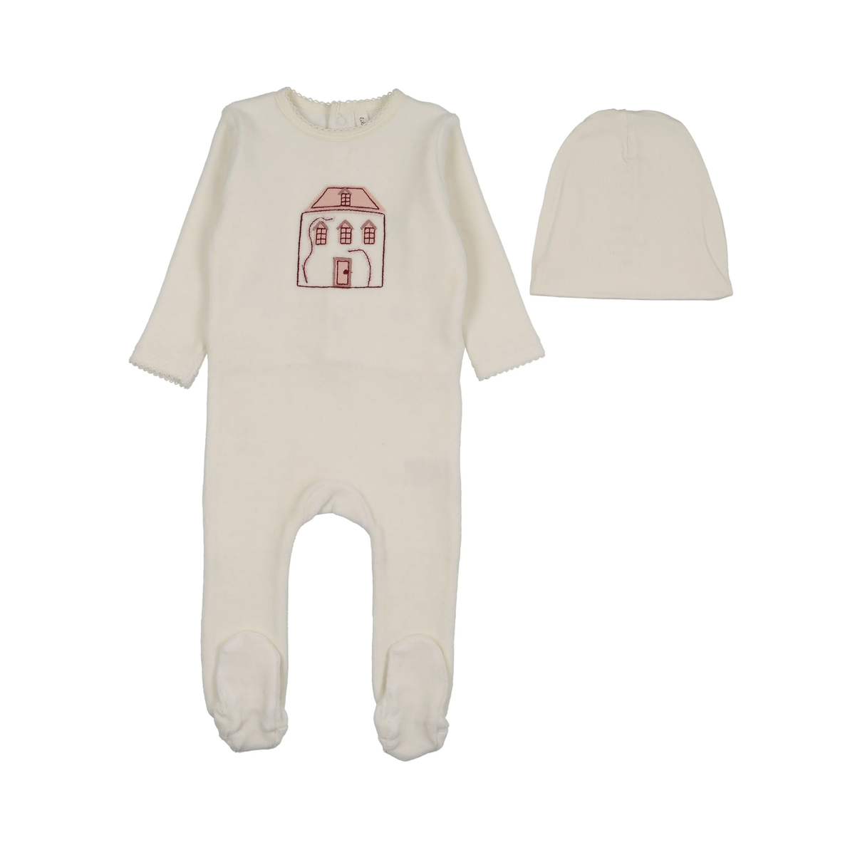 Lilette Cream/Pink Stitched Graphic Velour Footie Set