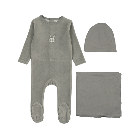 Lilette Pale Blue Velour Gingham Bunny Layette Set
