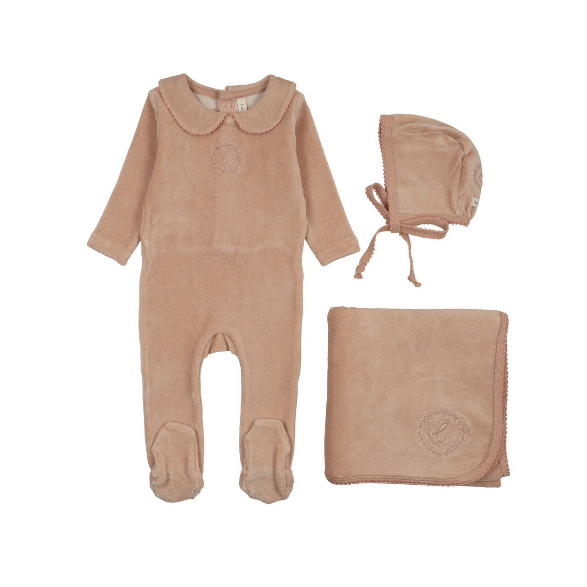 Lilette Dusty Pink Velour Crest Emblem Layette Set