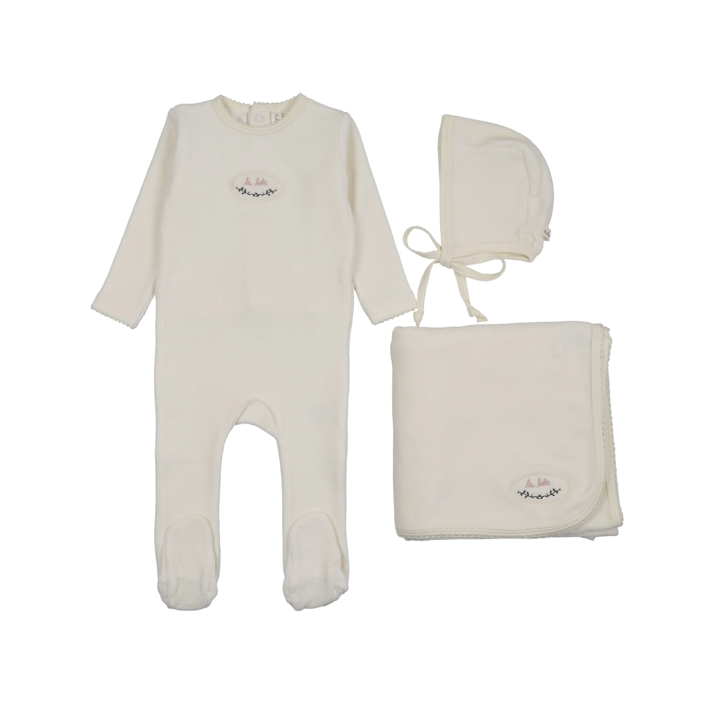 Lilette Cream/Pink Velour Patch Layette Set