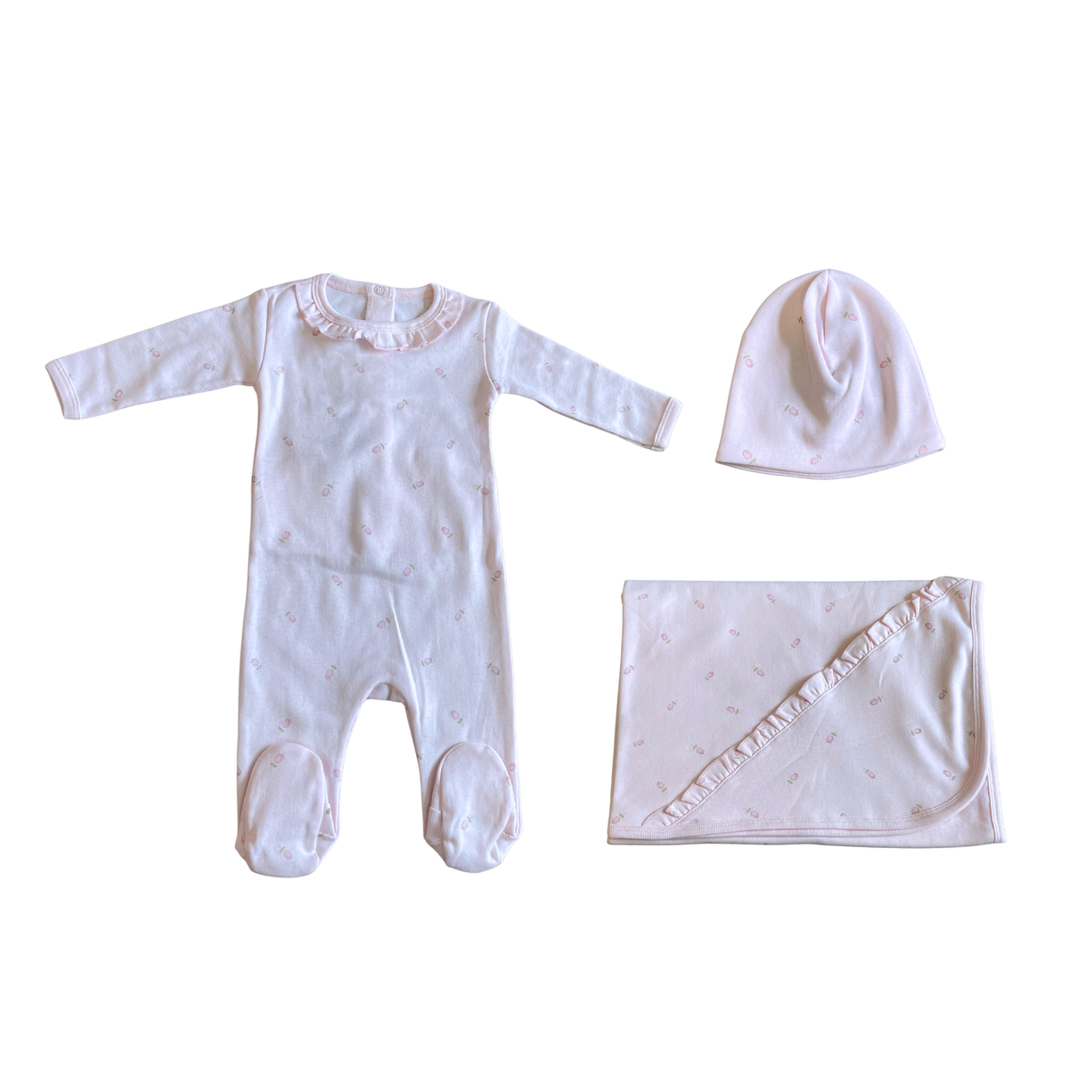 Coton Pompom Pink Small Roses Footie Set