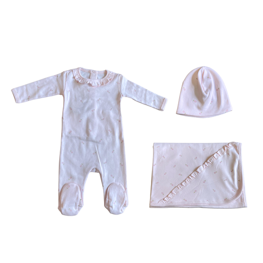 Coton Pompom Pink Small Roses Footie Set