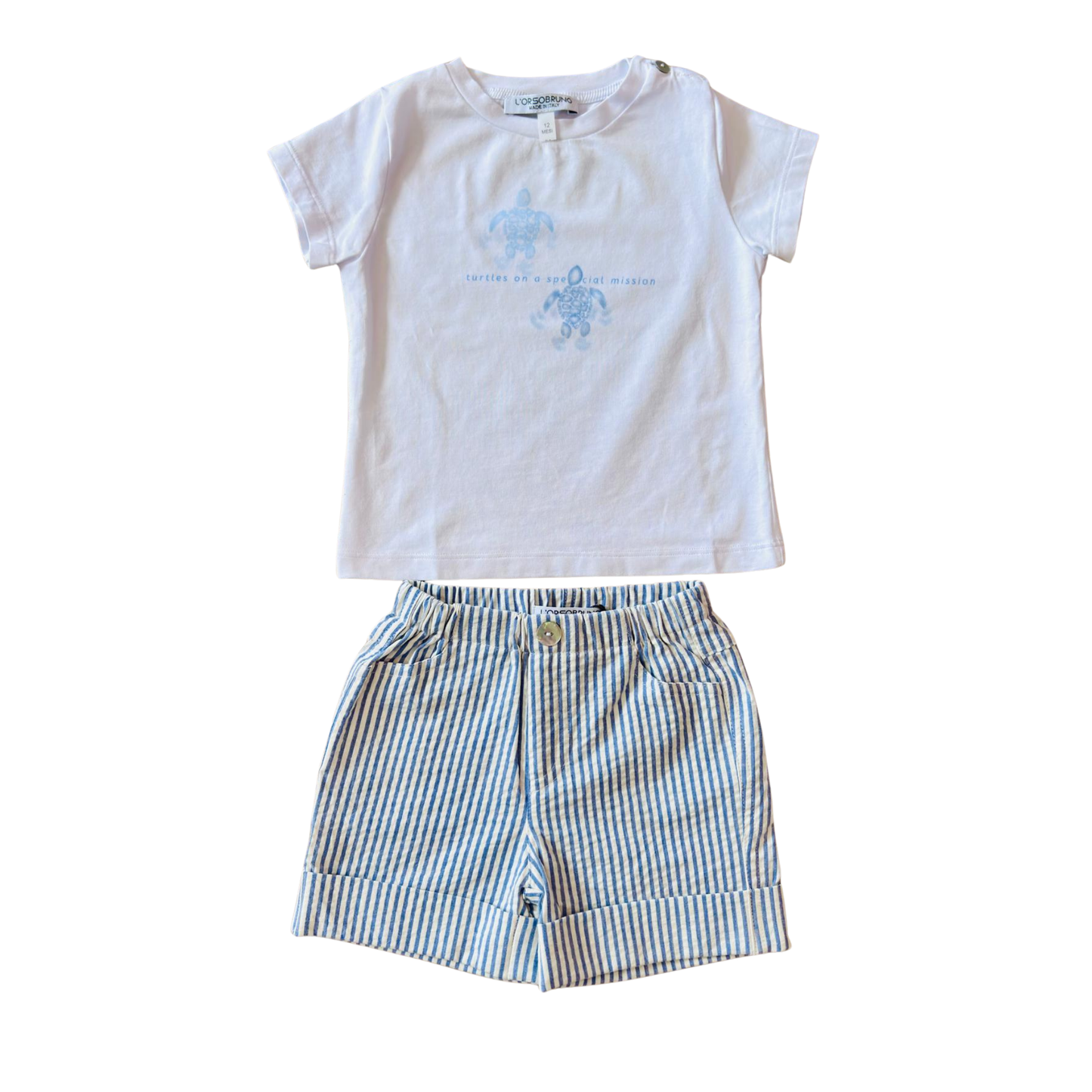 L'Orsobruno White/Blue Turtles Short Sleeve Shorts Set