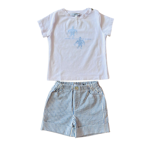 L'Orsobruno White/Blue Turtles Short Sleeve Shorts Set