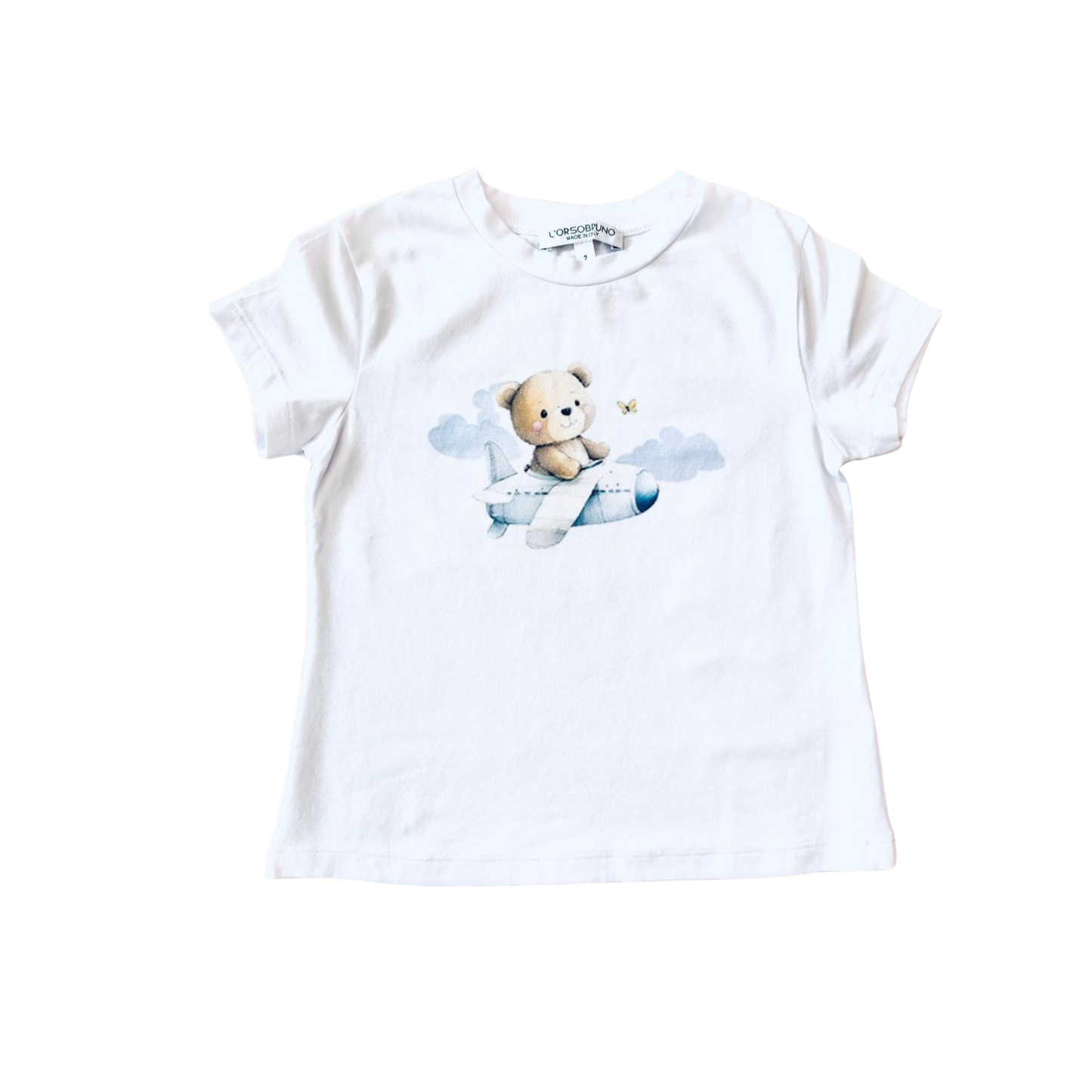 L'Orsobruno White Teddy In Airplane Short Sleeve Tee