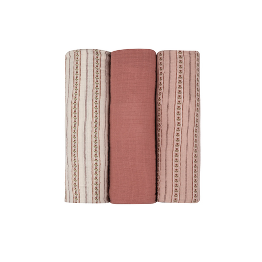 Ely'S & Co Ivory Pink  Linear Tulip 3 Pack Muslin Swaddles