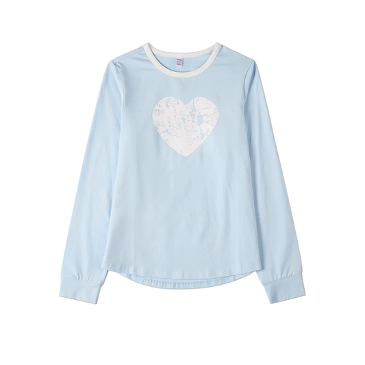 Memoi Blue Distressed Heart Long Sleeve T-Shirt