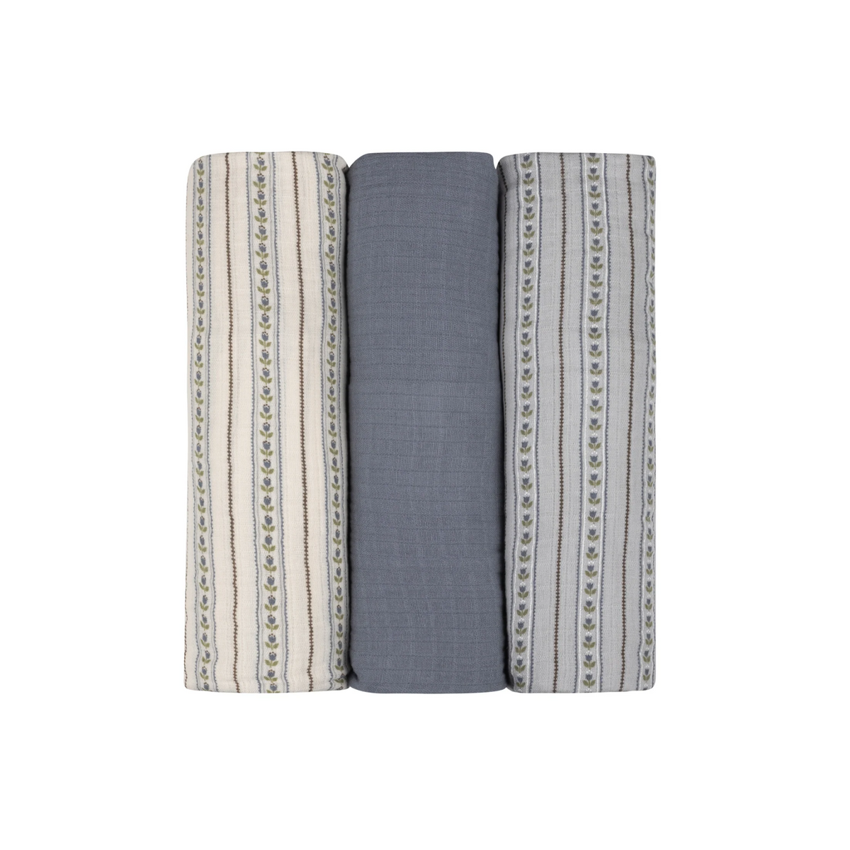 Ely'S & Co Ivory & Blue Linear Tulip 3 Pack Muslin Swaddles